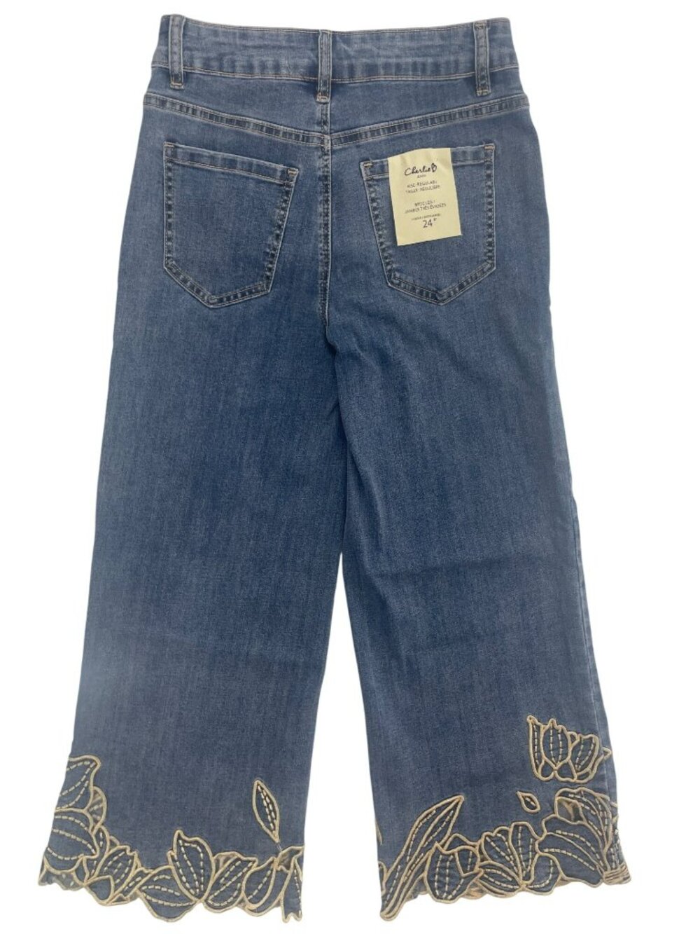 Charlie Embroidered Cropped Denim Jeans Medium Blue Floral Design Women's Size 2 - Picture 2 of 12